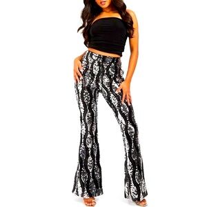 boohoo petite sequin two tone flare trousers pants black and silver size 10